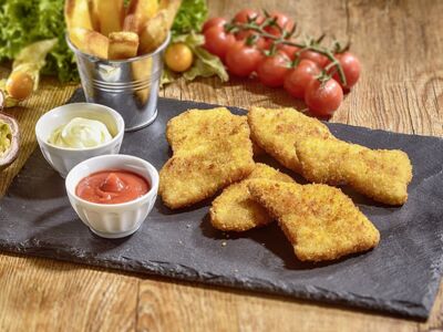 Partyschnitzel vom Schwein, ca. 25-30 g, flüssig gewürzt, paniert,