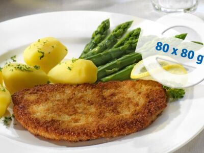 Lachsschnitzel vom Schwein, flüssig gewürzt, paniert,